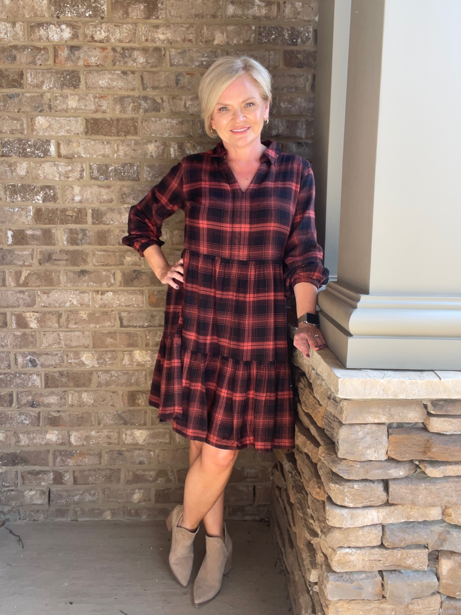 Wearing Small
Dress
Fall dress
Flannel
Booties
Western boots
Casual outfit
Fall outfit 
