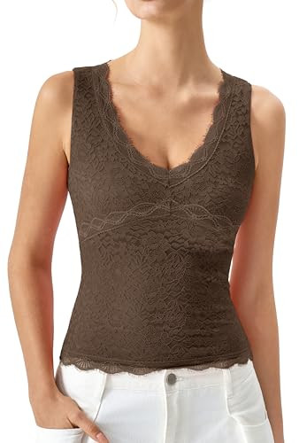 QINSEN Women's V Neck Sleeveless Lace Tank Top Slim Fit Floral Camisole Casual Crop Vest Basic La... | Amazon (US)