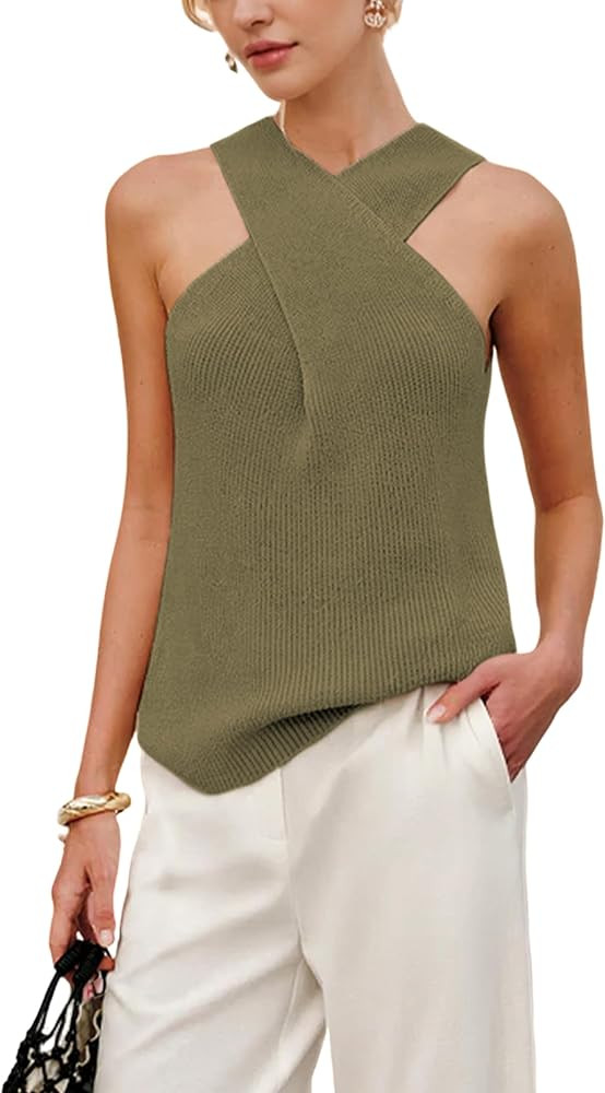 Yeokou Women Halter Cross Over Collar Tank Knit Sleeveless Top Solid Color Casual Summer Blouse | Amazon (US)