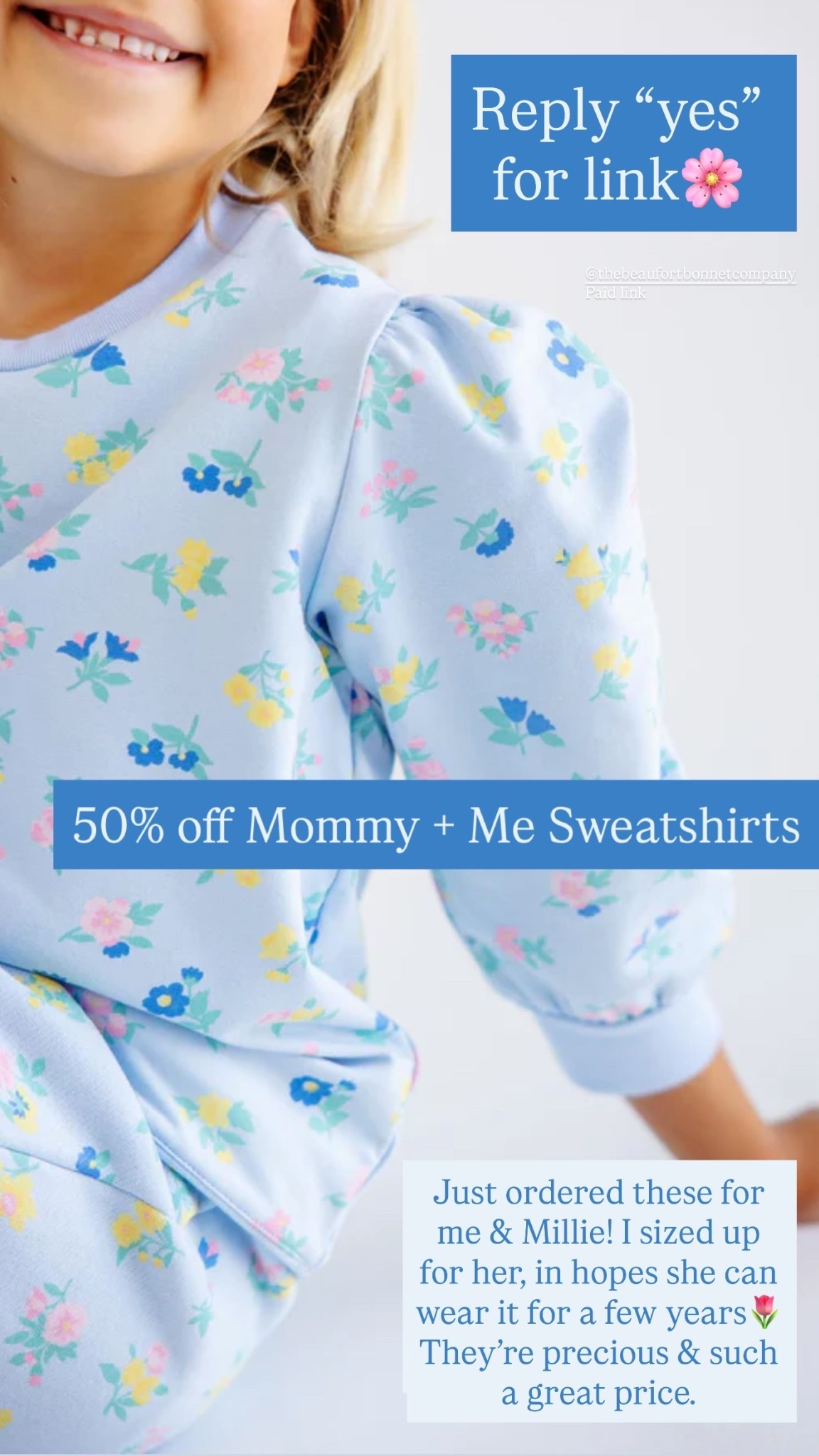 50% off Mommy + Me Sweatshirts Just ordered these for me & Millie! I sized up for her, in hopes she can wear it for a few years🌷 They’re precious & such a great price. Reply “yes” for link🌸 @thebeaufortbonnetcompany 
Paid link