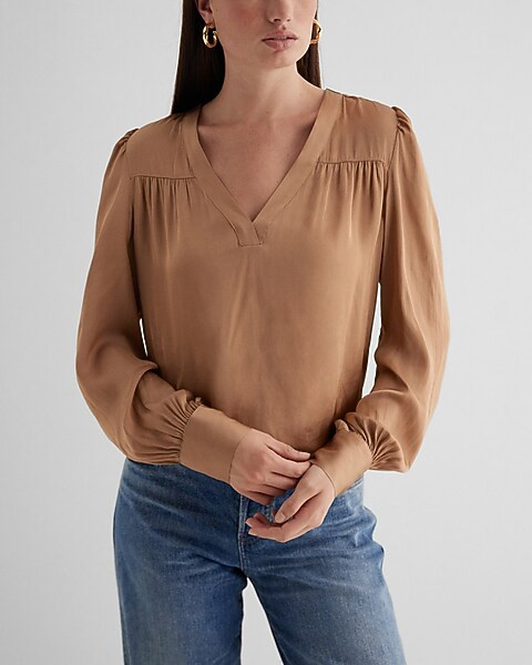 Satin V-neck Cuff Sleeve Top | Express