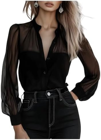 GORGLITTER Women's Sheer Button Up Blouse Tops Dressy Business Casual Fall Mesh Long Sleeve Butto... | Amazon (US)