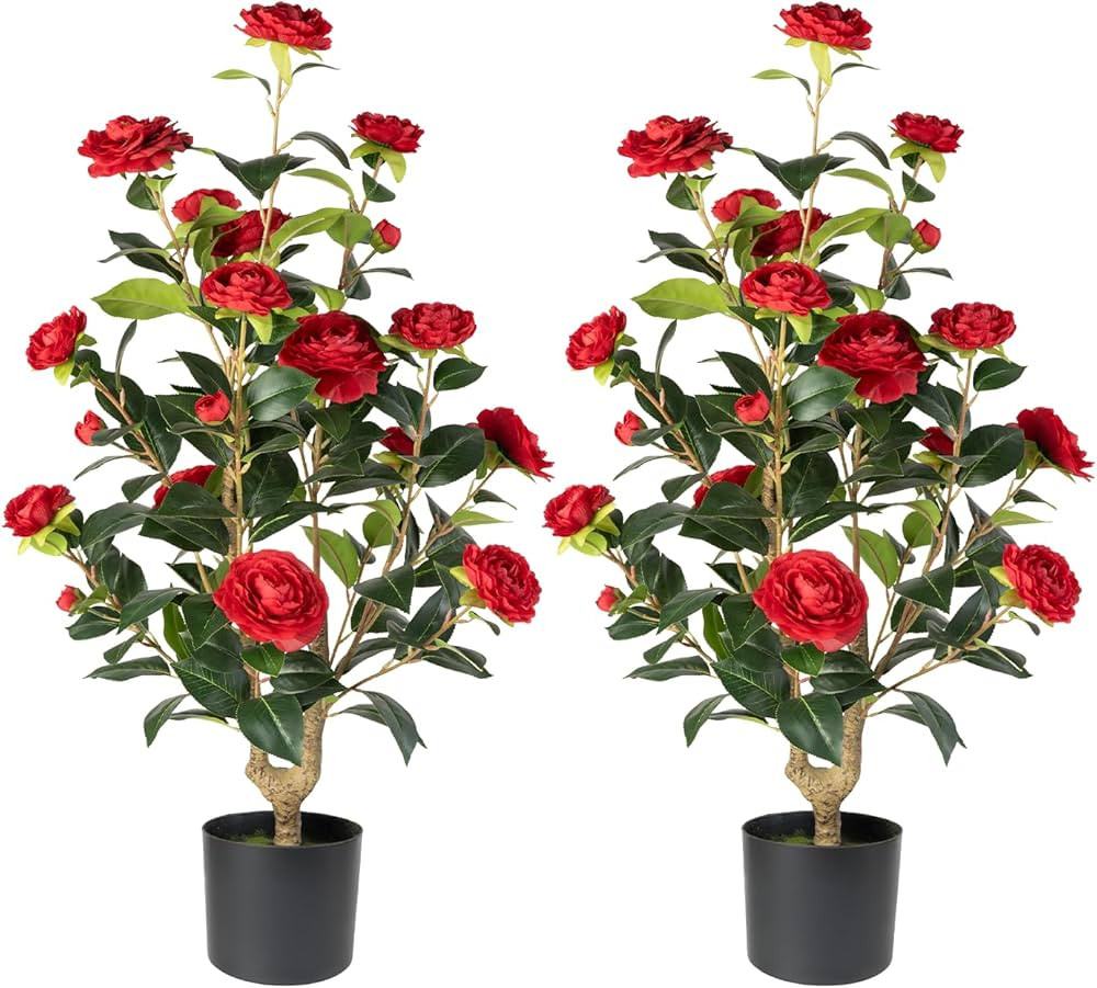 Artificial Camellia Tree 2 Pack - Realistic Camellia Plants in Pot with Red Flowers, Lifelike Fau... | Amazon (US)