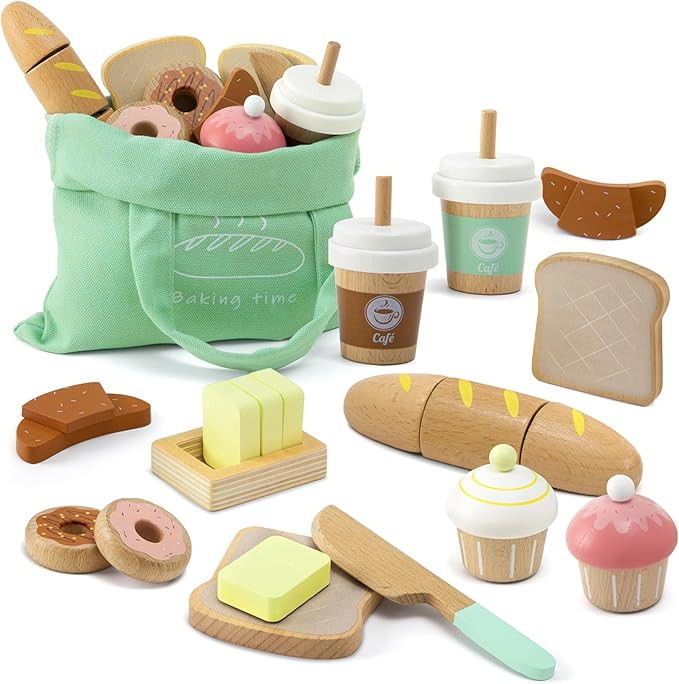 17 PCS Wooden Bakery Toy Food Playset for Kids, Pretend Picnic Play Food for Toddlers 3+, Play Ki... | Amazon (US)