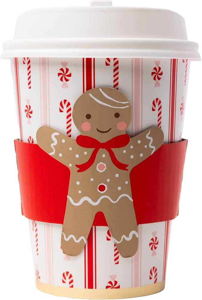 Bonjour Fête Sweet Gingerbread Paper Party Hot Cups | Holiday Disposable Cups with Lids for Chri... | Amazon (US)