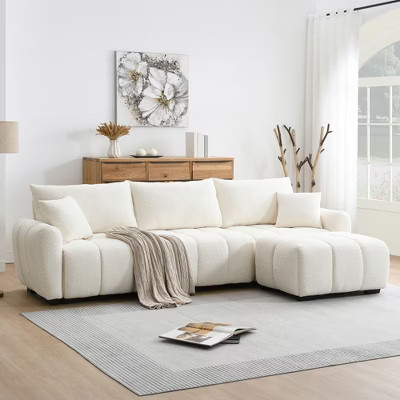 110-inch Modular L-Shaped Sectional Sofa, Extra-Large Seat with Pull-Line Design, Movable Ottoman, Sturdy Metal and Wood Frame, Boucle Fabric | Target