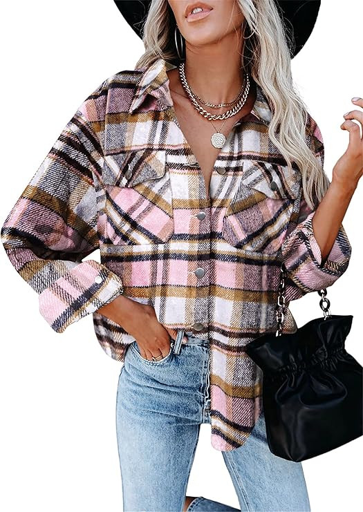 Womens Oversized Long Sleeve Casual Wool Flannel Plaid Jackets Button Down Shirts Casual Tops Sha... | Amazon (US)