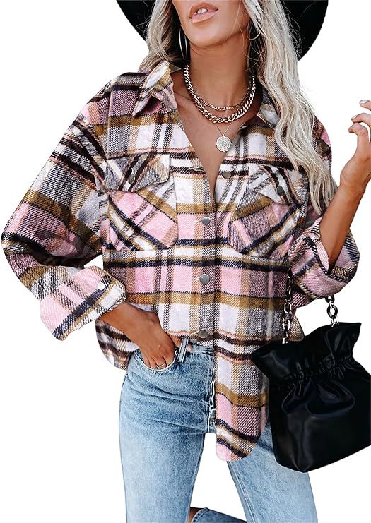 Womens Oversized Long Sleeve Casual Wool Flannel Plaid Jackets Button Down Shirts Casual Tops Sha... | Amazon (US)