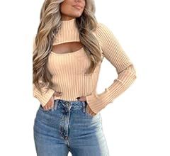 PRETTYGARDEN Women's 2023 Fashion Fall Clothes 2 Piece Cutout Tops Long Sleeve Mock Neck Rib Knit... | Amazon (US)