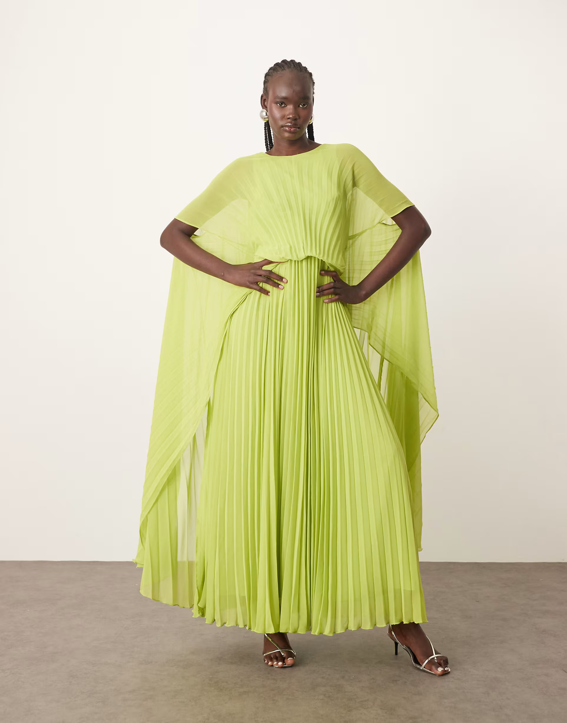 ARRANGE chiffon pleat volume maxi dress with wide sleeve in green | ASOS (Global)