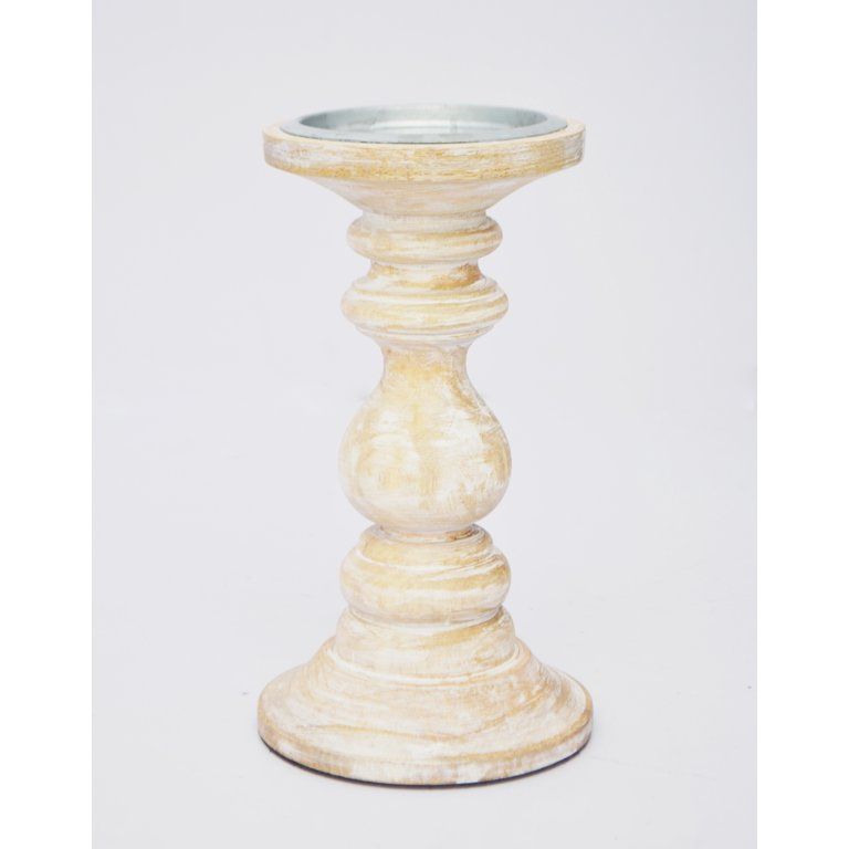 Way To Celebrate Whitewash Wood Home Decor Pillar Candle Holder, 8" | Walmart (US)