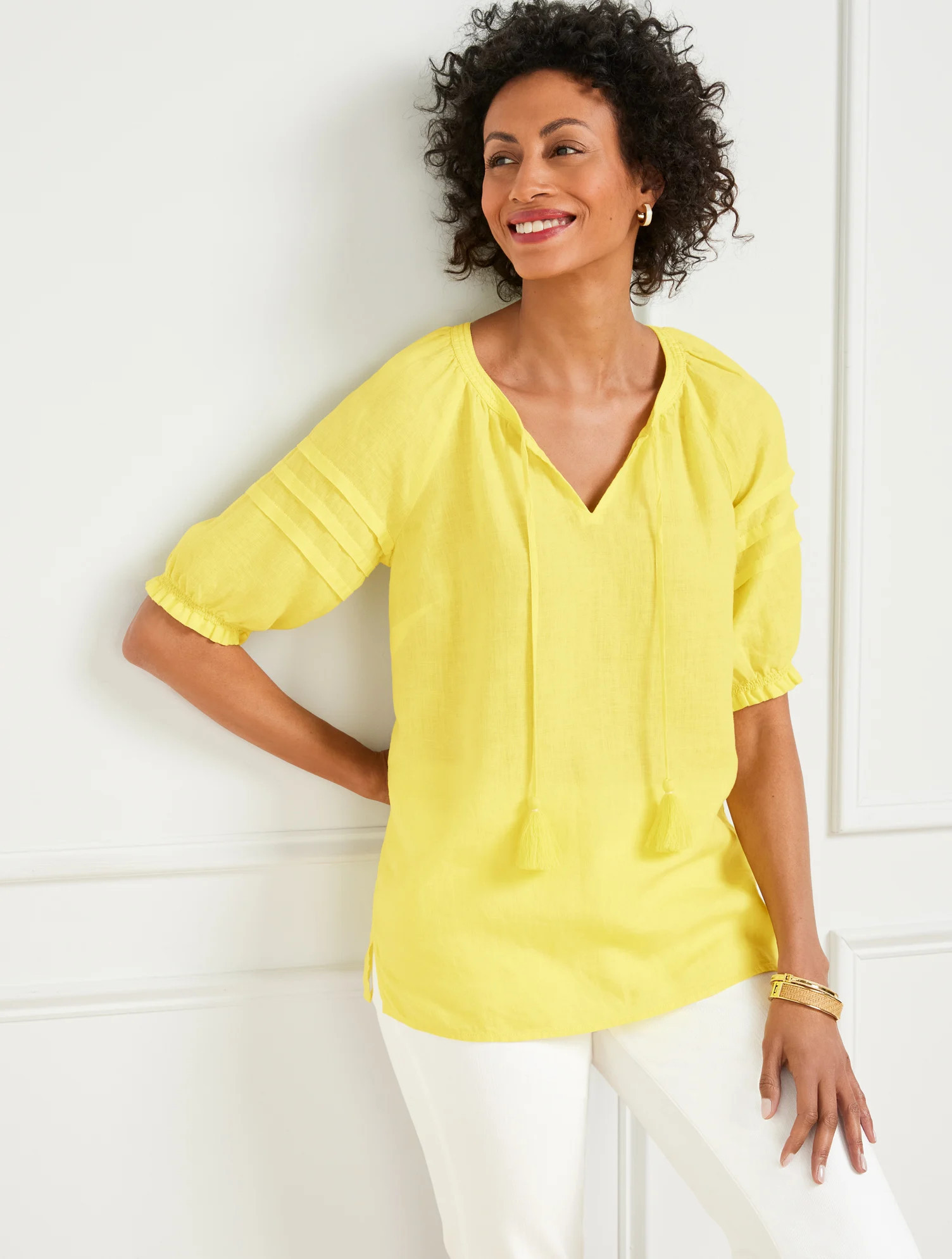 Pleated Sleeve Linen Top - Pear Yellow - Medium Talbots | Talbots