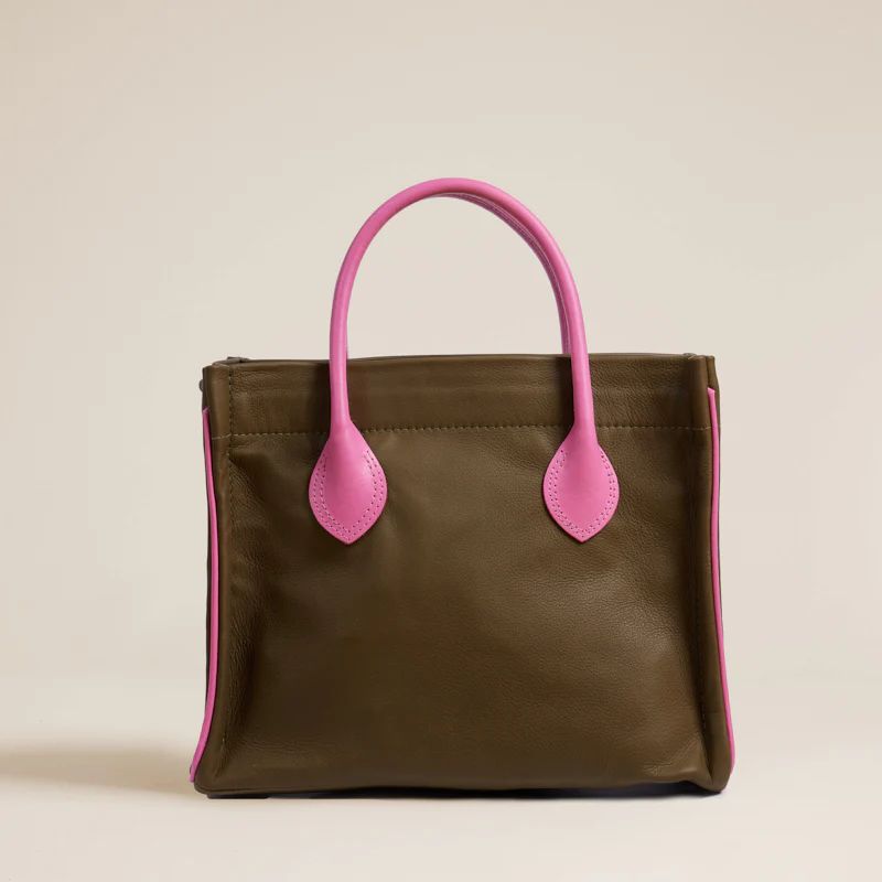 Parker - Olive Leather with Pink Leather Saddle Handle and Piping | Parker Thatch