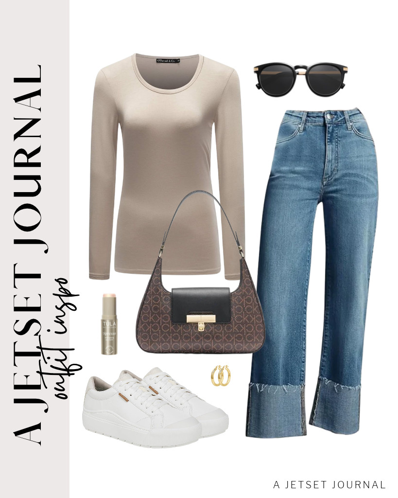 An apricot OThread & Co. long-sleeve shirt and KUNMI jeans are our next outfit. For this look, Dr. Scholl’s Time Off sneakers and a Calvin Klein demi shoulder bag are perfect. Complete the look with gold chunky earrings and TULA Skin Care Spresso Energizing Eye Balm.  

 #LTKSeasonal #LTKSaleAlert #LTKTravel