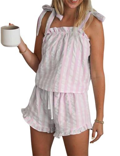 KCVVA Womens Ruffle Pajamas Set Floral Bride Tie Shoulder Pjs Sleeveless Tie Up Tops Shorts Casual Outfits | Amazon (US)