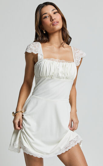 Emilee Mini Dress - Square Neck Cap Sleeve A Line Dress in White | Showpo (US, UK & Europe)