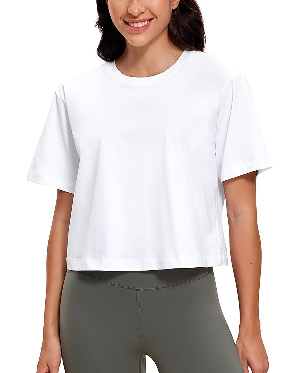 CRZ YOGA Womens Loose Fit Cotton Polyester Short Sleeve Shirts Crop Tops Casual Workout T-Shirts | Amazon (US)