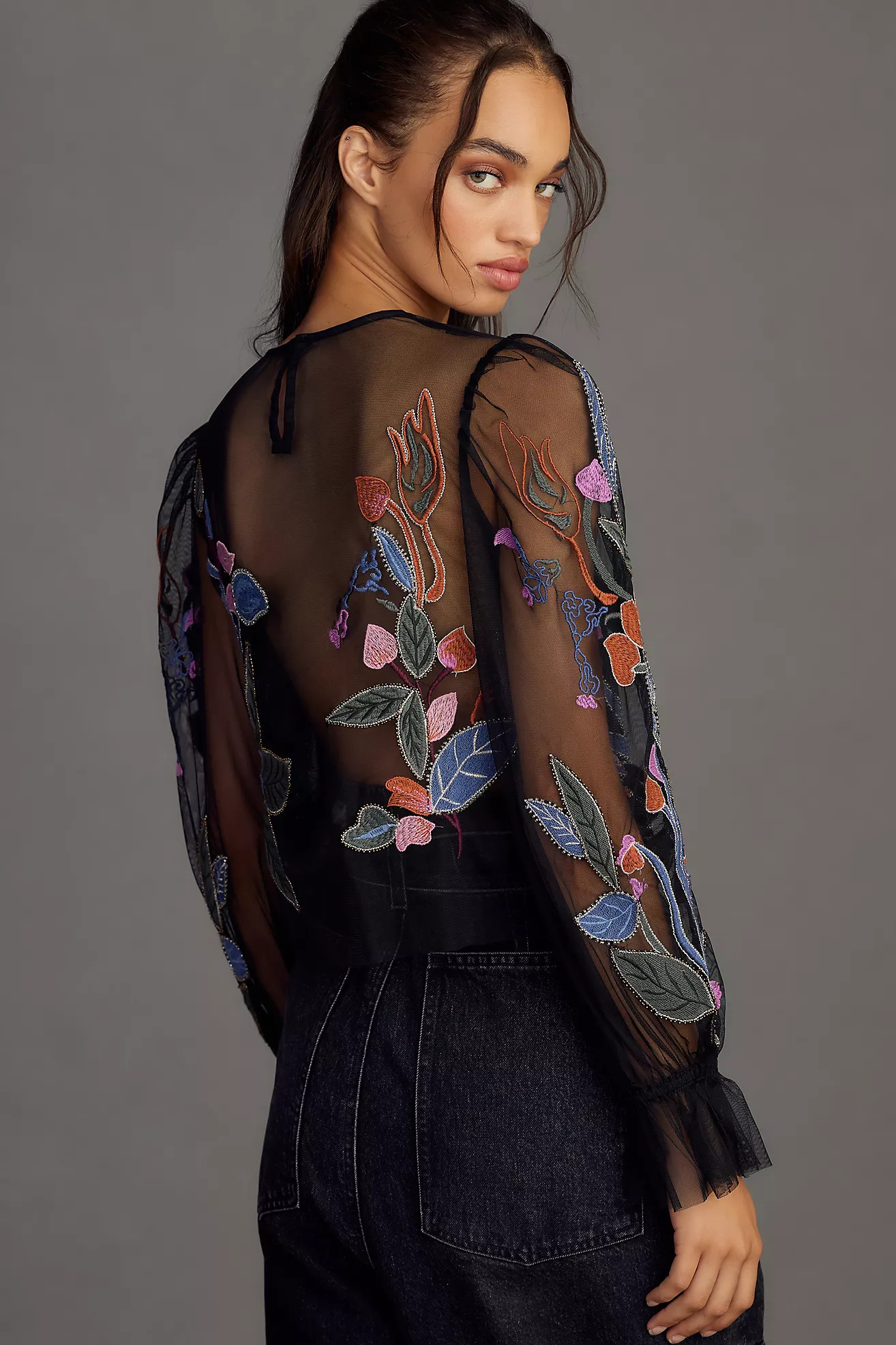 The Layla Long-Sleeve Appliqué Mesh Blouse | Anthropologie (US)