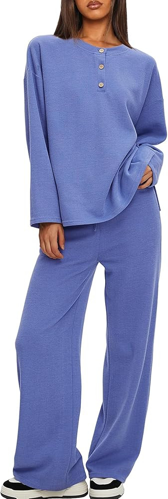 Darong Two Piece Outfits for Women Fall Lounge Sets Button Down Sweatshirt Wide Leg Pants Sweatsu... | Amazon (US)