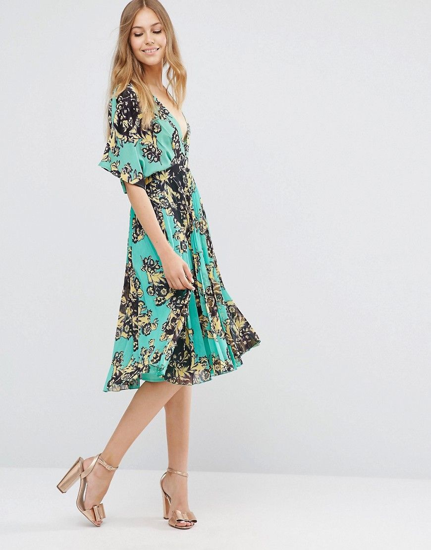 ASOS Pleated Caftan Midi Dress In Turquoise Floral - Multi | ASOS US