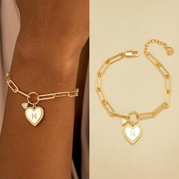 Women 14K Gold Initial Heart Charm Letter Link Bracelet Simple Trendy Jewelry | Amazon (US)