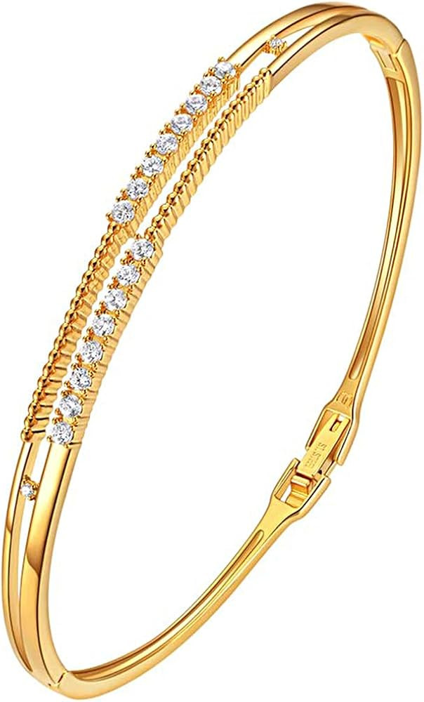 E 14K Gold Plated Bangle Bracelets for Women, Gold Bangles with Cubic Zirconia, Lightweight Daily... | Amazon (US)