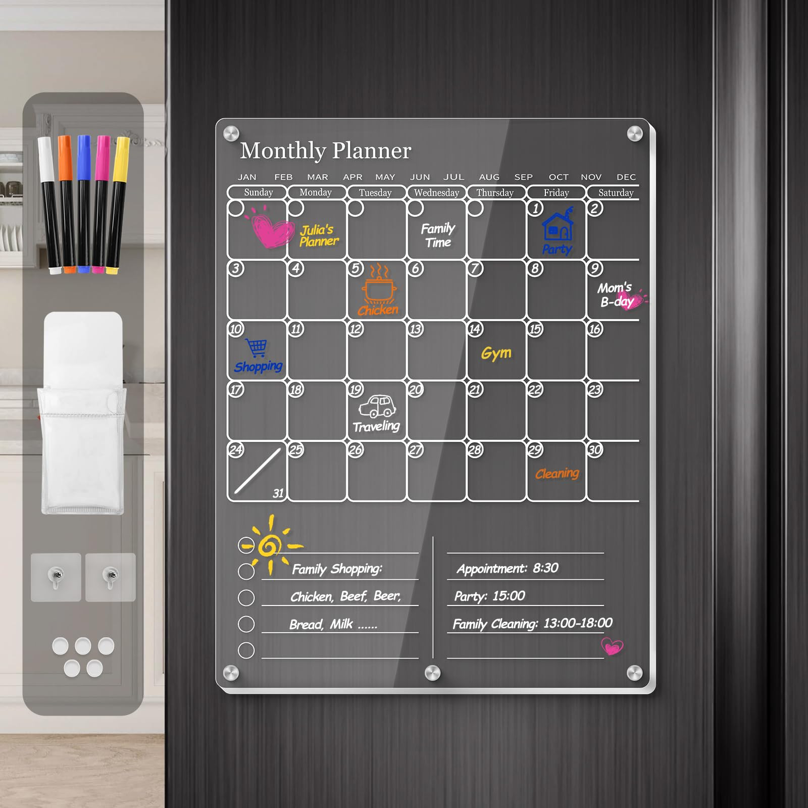 IDEATECH Acrylic Magnetic Fridge Calendar Magnet, Clear Dry Erase Board Calendar for Refrigerator... | Amazon (US)