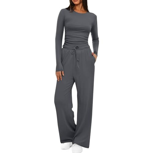 Two Piece Pants Set for Women Elegant Women's Fall Two Piece Outfits Track Suits Long Sleeve Crop Snowmobile Pants Women (Grey, L) | Amazon (US)