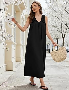 Livtany Women's Scoop Neck Ruched Maxi Dress Flowy Swing Wide Straps Long Dress Casual Sleeveless... | Amazon (US)