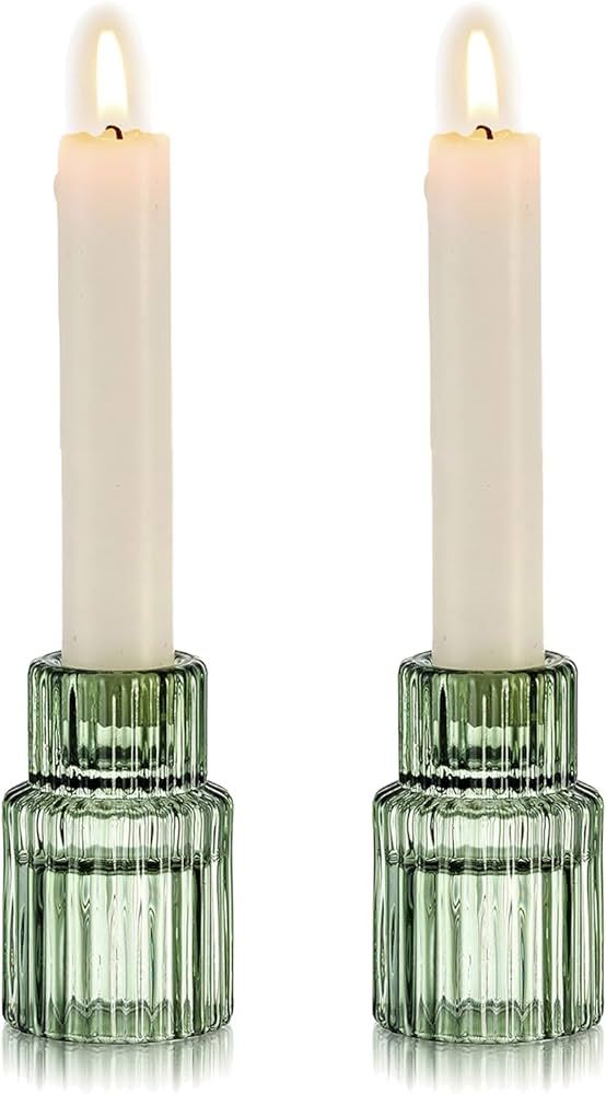 Hewory Glass Taper Candle Holders: 2PCS Green Vintage Candle Holder Candlestick Holders Bulk, Rib... | Amazon (US)