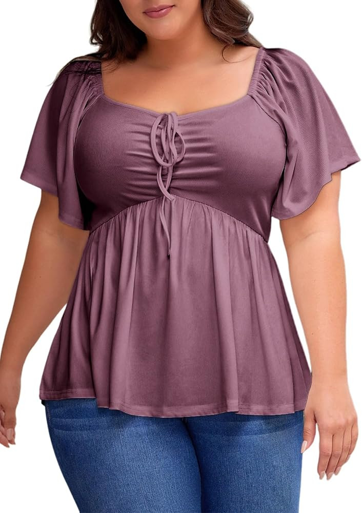 Eytino Womens Plus Size Tops Short Sleeve Sweetheart Neck Shirred Peplum Blouse Shirts(1X-5X) | Amazon (US)