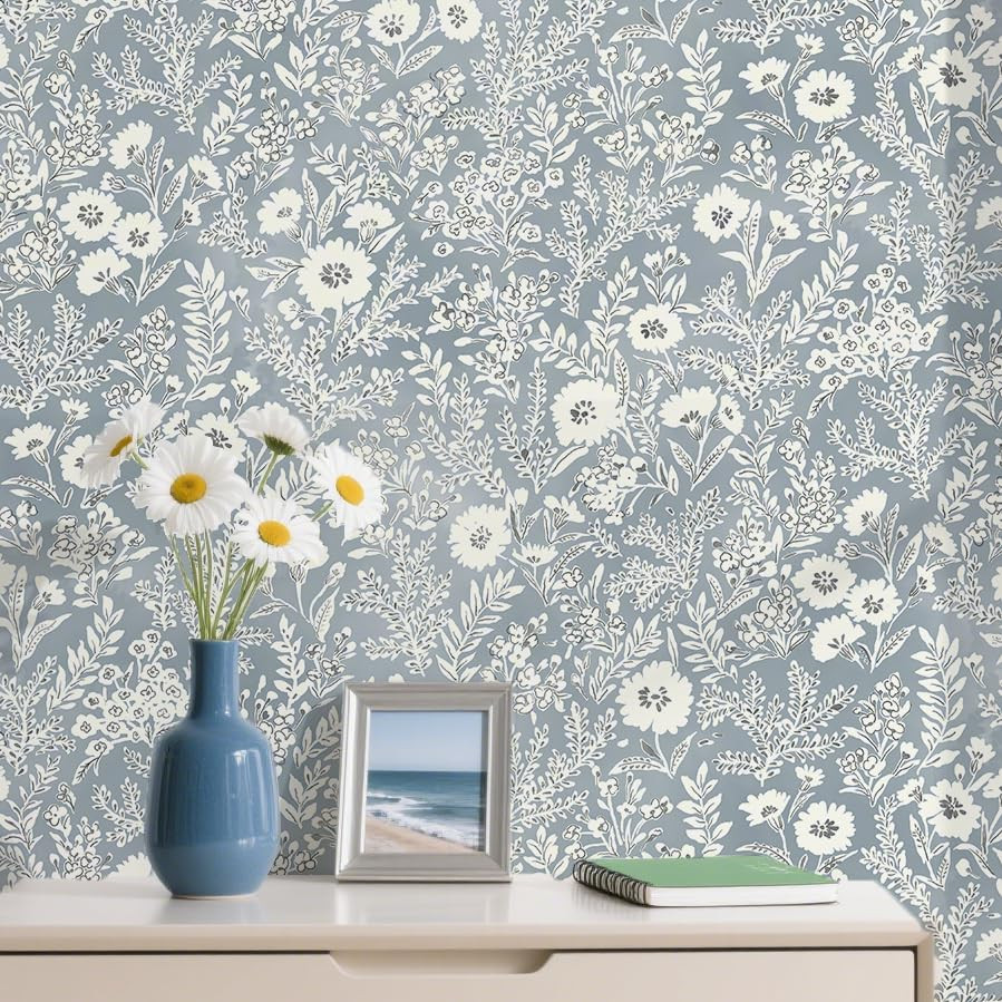 Blue Wallpaper Peel and Stick wallpaper Blue Floral Wall Paper for Bedroom/Bathroom Vintage Boho ... | Amazon (US)