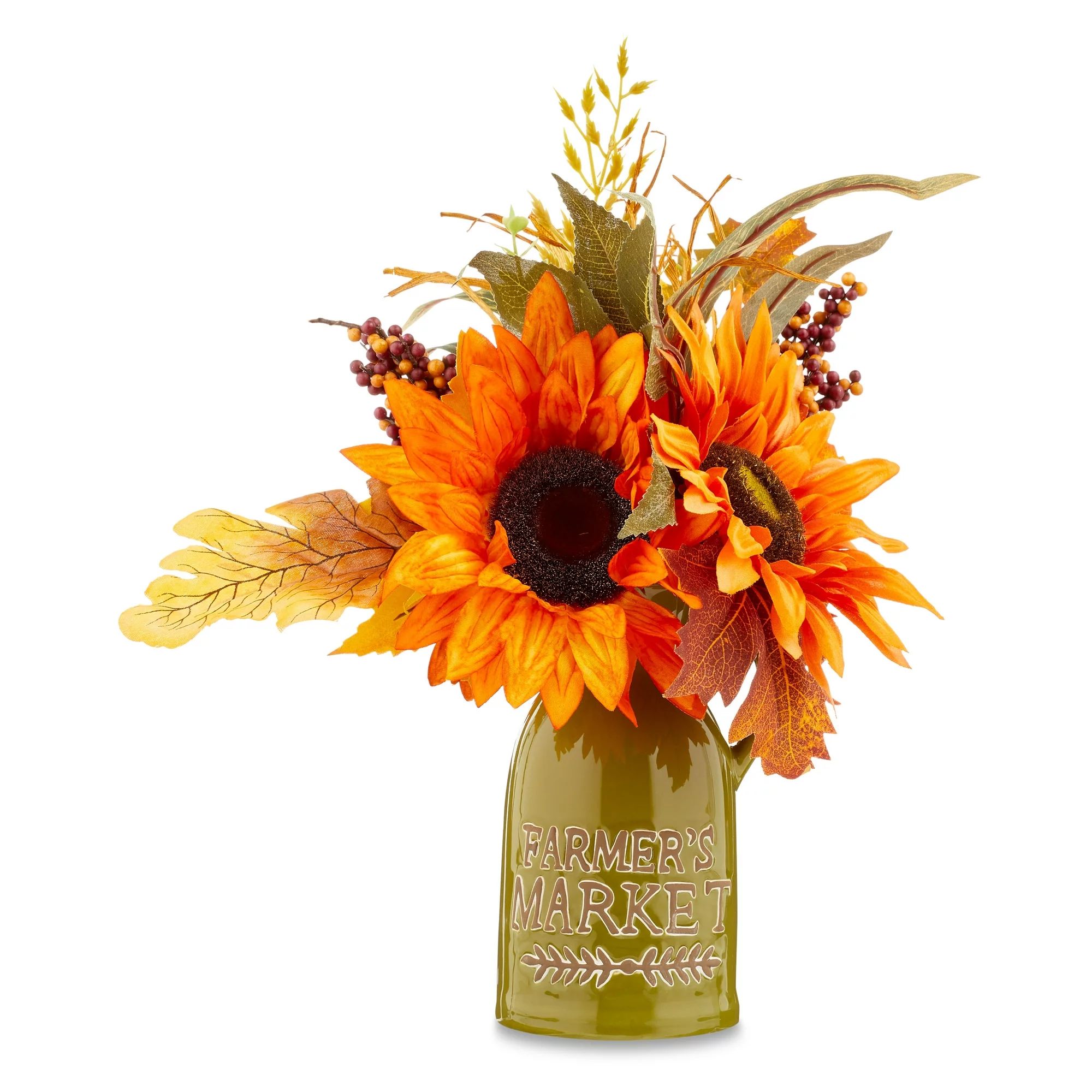 Fall, Harvest Orange Sunflower Arrangement in Green Ceramic Pot Tabletop Decor, 16", by Way To Ce... | Walmart (US)