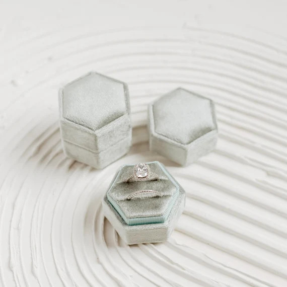 Traverse Bay Blue Velvet Hexagon Ring Box Double Slot Flat Lay Styling Props Sage Blue Green | Etsy (US)