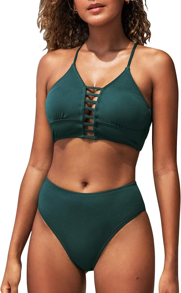 CUPSHE Women’s Bikini Swimsuit Floral Print Lace Up Multi Color Strappy Two Piece Bathing Suit | Amazon (US)