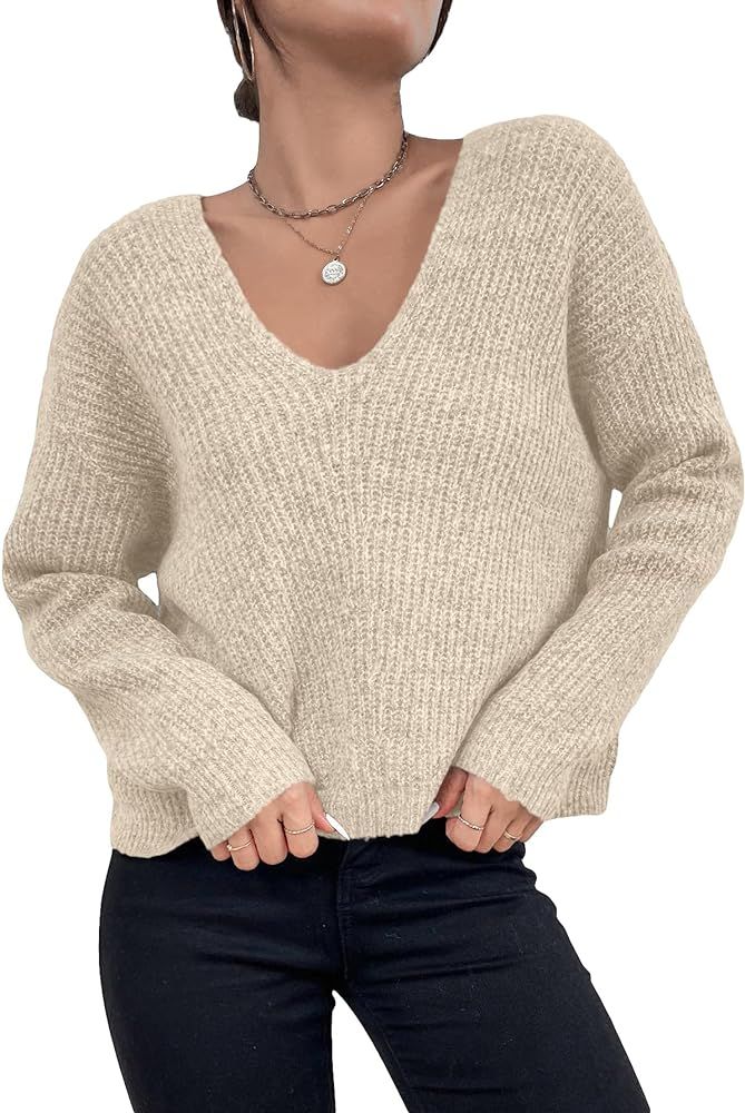 GORGLITTER Women's Long Sleeve Ribbed Knit Sweater V Neck Drop Shoulder Pullovers | Amazon (US)