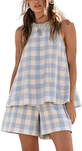 Gozoloma Women's Oversized Gingham 2 Piece Set Crewneck Sleeveless A-Line Top and Relaxed Shorts with Pockets Casual Summer | Amazon (US)