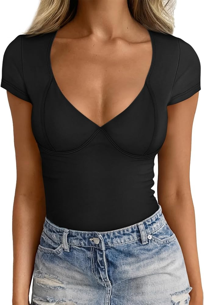 Trendy Queen Womens V Neck T-Shirts Going Out Tops Short Sleeve Slim Fit Basic Y2K Clothes 2024 | Amazon (US)
