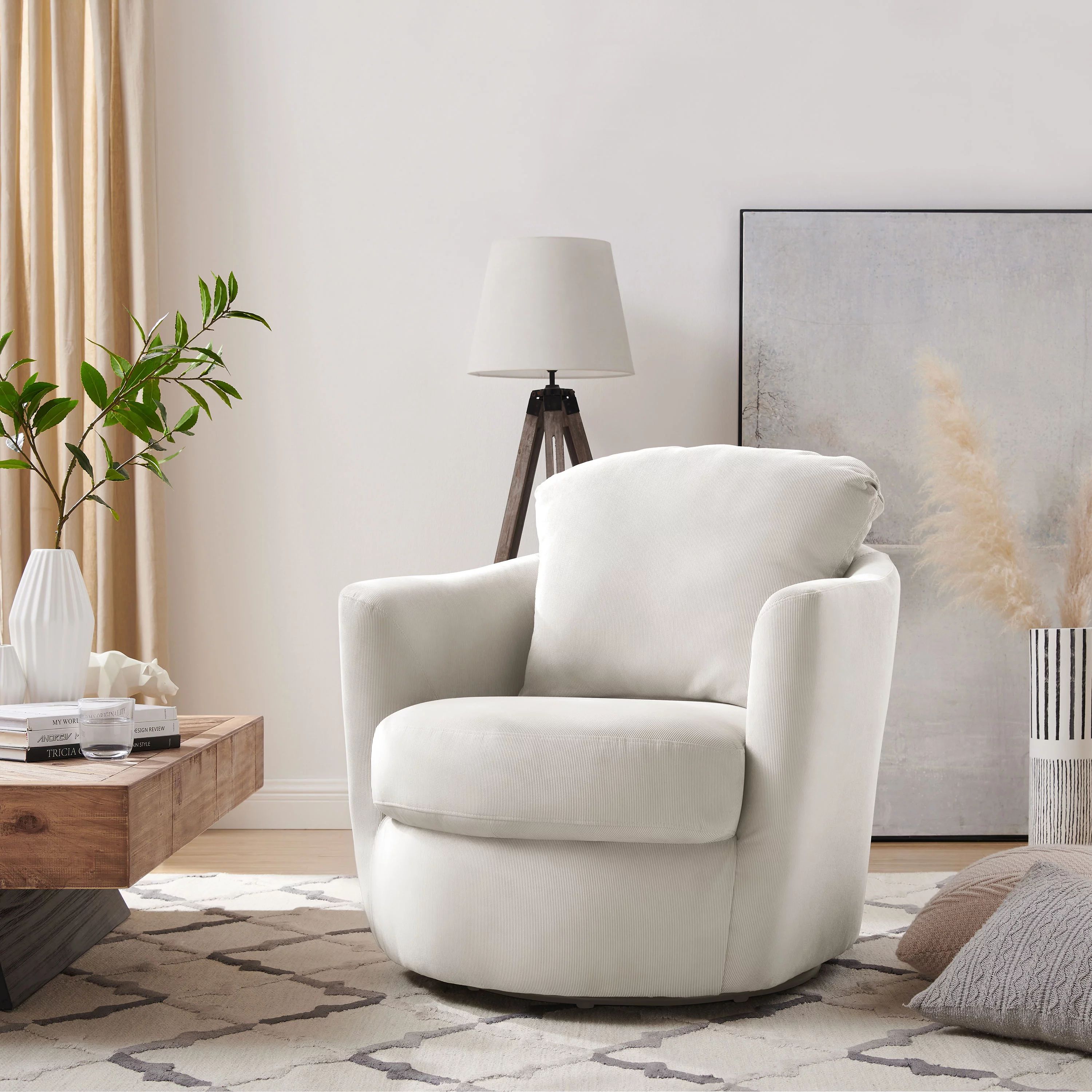 Art Leon Fabric Swivel Barrel Accent Chair Upholstered Seat,White Ivory | Walmart (US)