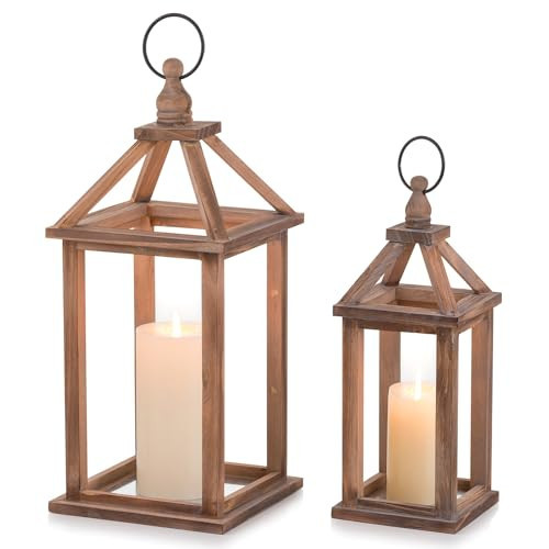 Romadedi Farmhouse Wood Candle Lantern - 12" / 16" Set of 2 Rustic Wooden Lanterns Decorative Candle Holder Home Decor Wedding Table Centerpiece Indoor Outdoor Fireplace Decorations, Brown | Amazon (US)