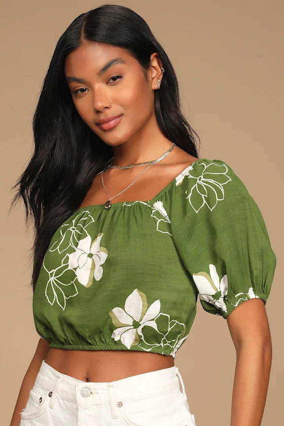 Sun City Green Floral Print Puff Sleeve Crop Top | Lulus (US)