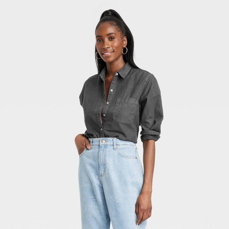Women&#39;s Long Sleeve Classic Fit Button-Down Shirt - Universal Thread&#8482; Gray XS | Target