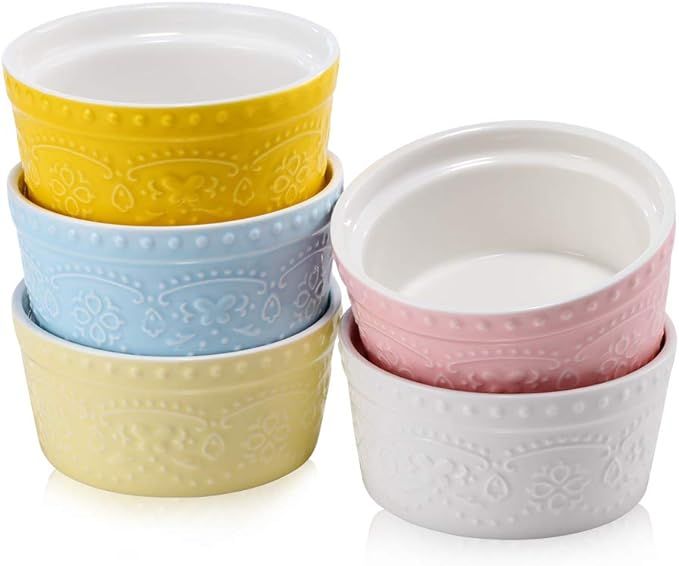 BonNoces Porcelain Embossed Ramekins Souffle Bowls Dishes, 6 Oz Pudding Bowls Dishes Cup for Baki... | Amazon (US)