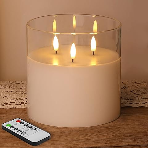 Extra Large Flameless Candles with 3 Wicks, 6"x6" Glass Battery Operated Candles with Remote, Rea... | Amazon (US)