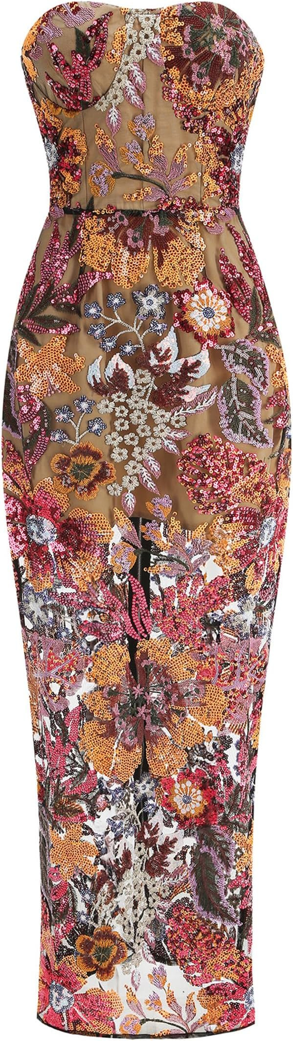 Women's Floral Embroidery Sequins Long Strapless Dress, Mesh Patchwork Backless Slim Fit Cocktail... | Amazon (US)