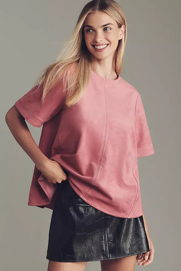 The Emmy Faux-Suede Short-Sleeve Swing Blouse by Maeve | Anthropologie (US)