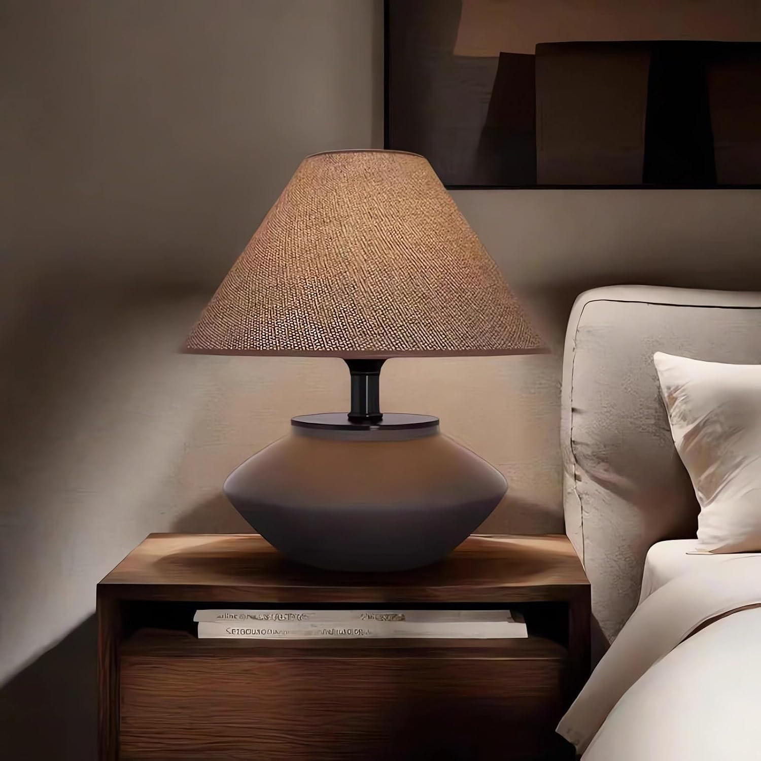 Farmhouse Ceramic Table Lamp for Living Room Bedroom Wabi Sabi Pottery Lamp with Frosted Clay Body and Brown Linen Drum Shade Rustic Nightstand Lighting for Bedside Farmhouse Decor | Amazon (US)
