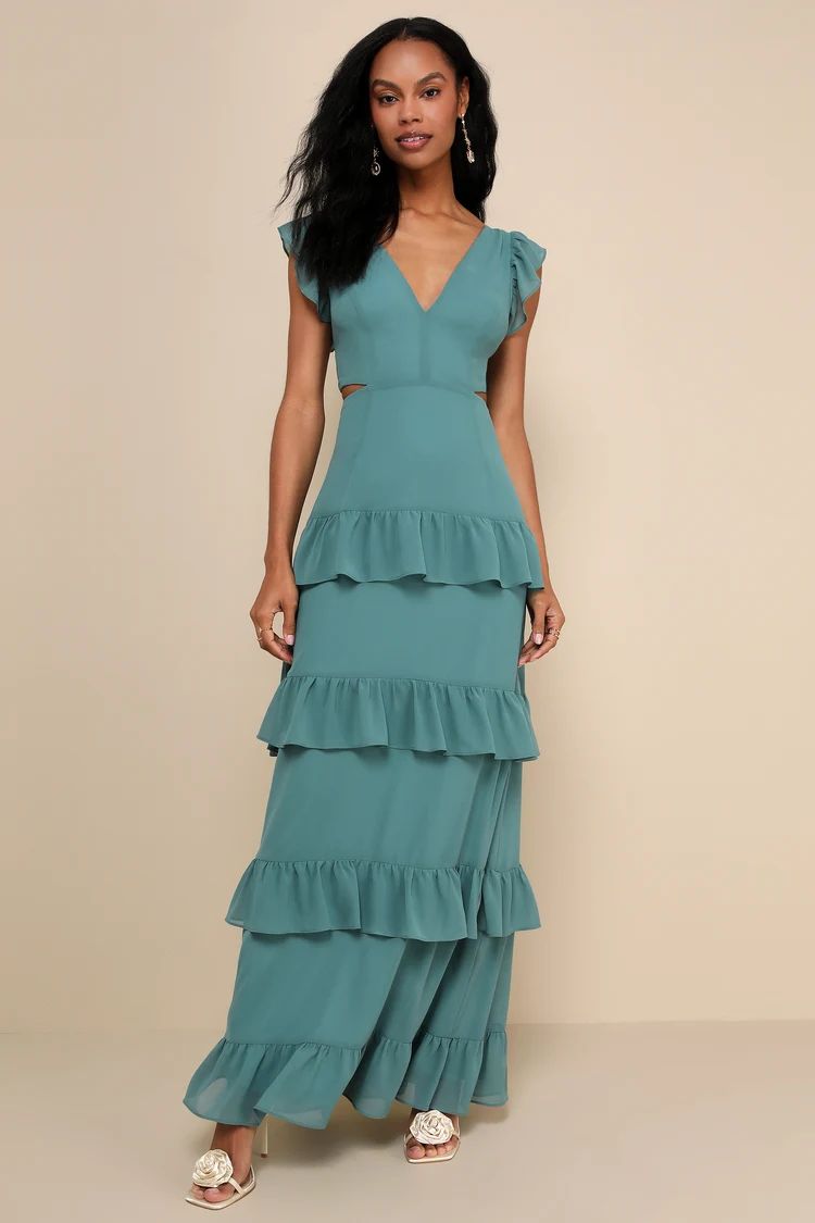 Elegant Mentality Teal Blue Ruffled Tiered Cutout Maxi Dress | Lulus