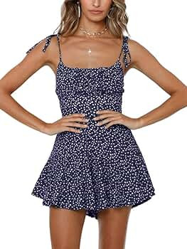 Amazon.com: Jeanewpole1 Womens Summer Casual Floral Ruffle Backless Spaghetti Strap Beach Romper ... | Amazon (US)