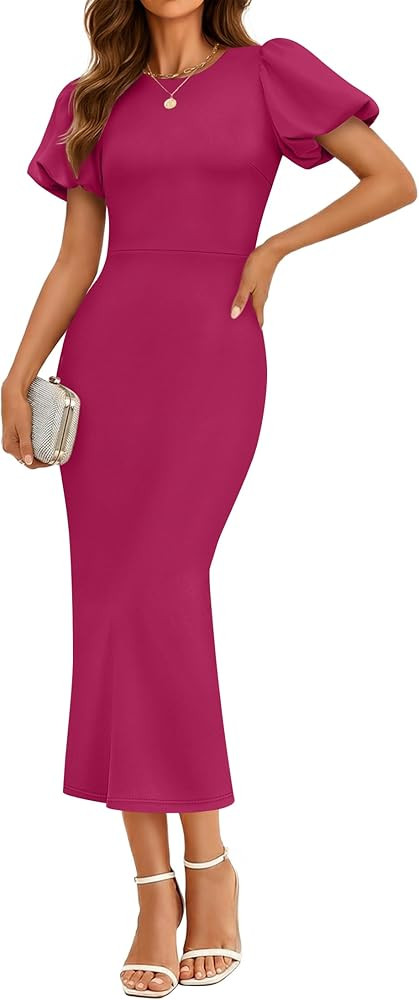 ZESICA Women's Summer Short Sleeve Bodycon Midi Dress 2026 Spring Elegant Formal Wedding Guest Co... | Amazon (US)